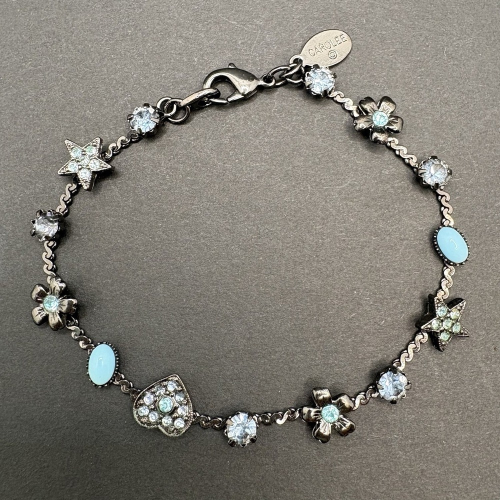 Vintage Carolee Bracelet Faux Turquoise Blue Crystals Gunmetal Star Heart Flower